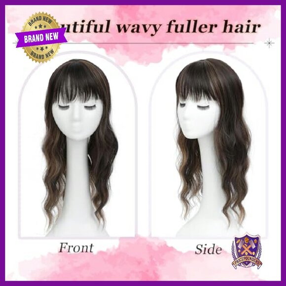 20 Inch Long Wavy Curly Hair Topper with Clip-in Bangs for Thinning Crown main image 2